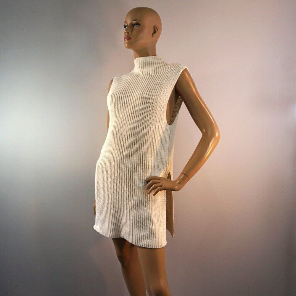 Olivaceous Fisherman Sweater Dress Funnel Neck Sleeveless Split Hem Knit Sz S